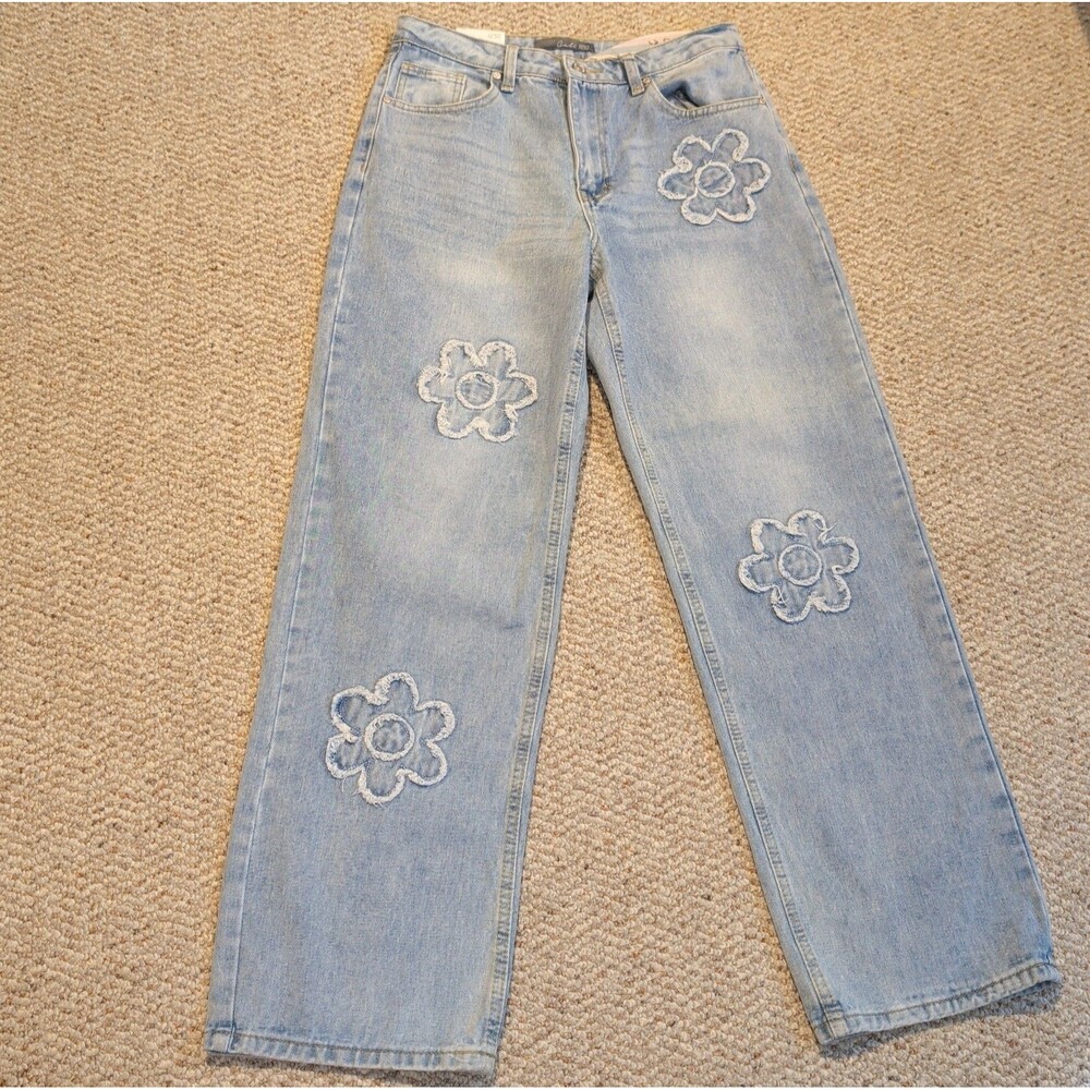 Cali 1850 Distressed Wide Leg Jeans Womens 11/30 Flower Power Embroidered